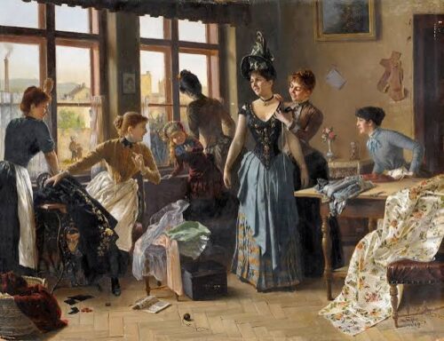 Victorian Ladies sewing a dress